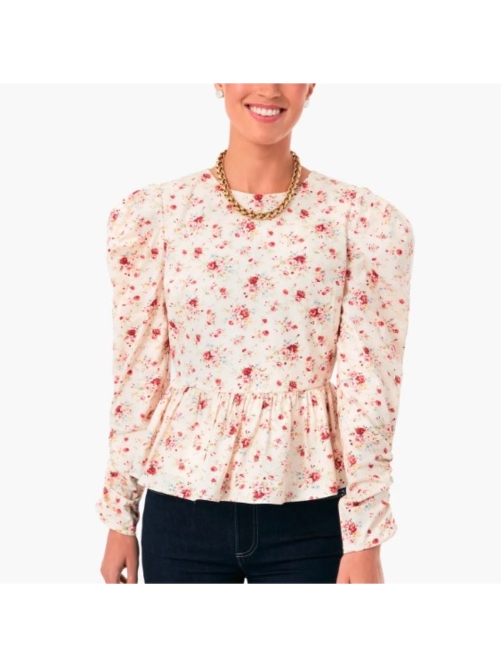NWT Hyacinth House Floral Cream Puff-Sleeve Peplum Blouse